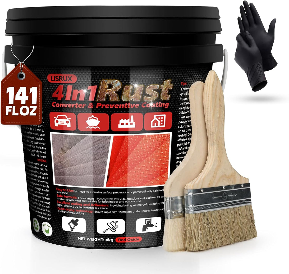 4-in-1 Rust Converter & Metal Primer, 141 Fl OZ Red Rust Inhibitor Paint for Metal, Remove & Convert Rust And Also Protect, Industrial Grade Water Based Rust Reformer, Heat Resistance & UV Resistant