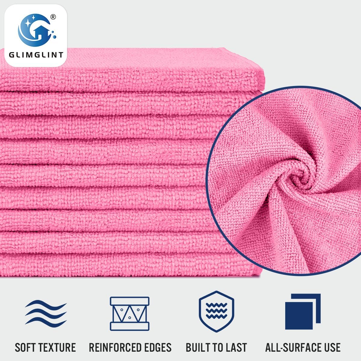 GLIMGLINT Pink Microfiber Cleaning Cloth, 12 Pack Cleaning Towels for Kitchen, Lint Free, Scratch-Free, Highly Absorbent, and Reusable Cleaning Rags for House, Window and Glass, Cars, 14"X12"