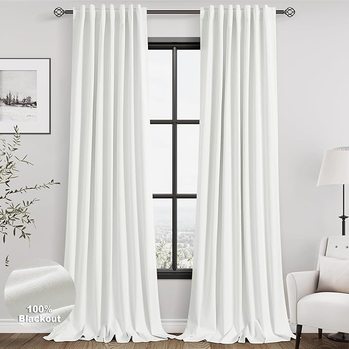 Nanspring Ivory Linen 100% Blackout Curtains 2 Panels Set Back Tab Rod Pocket Thermal Insulated Textured Black Out Curtains for Bedroom Living Room 52x98