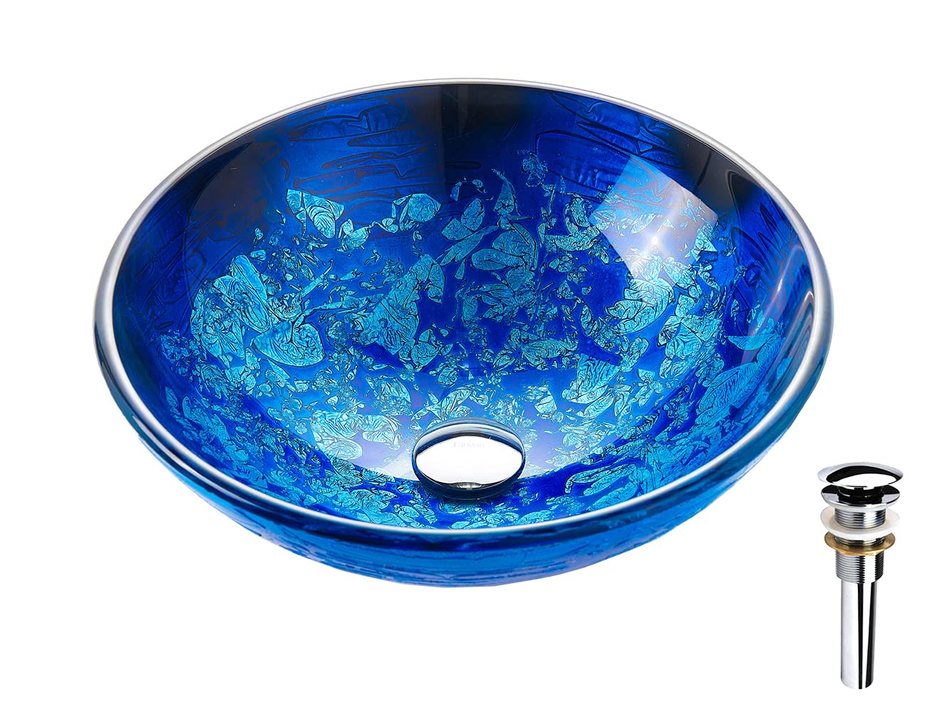 Fanwin Star Blue OceanMystery Series Tempered Deco Glass Vessel Bathroom Sink in Starry Blue | Top Mount Sinks Above Countertop | Vanity Countertop Sink Bowl with Pop Up Drain |FW-LA604