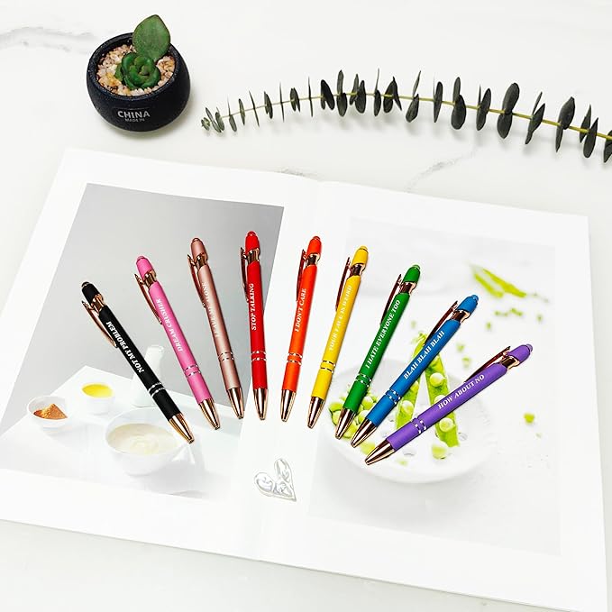Aozora 9 Pack Ballpoint Pens Smooth Writing 2-in-1 Stylus Retractable Ballpoint Pen with Stylus tip, Office Decor Metal Stylus Pen for Touch Screens, 1.0 mm Black Ink (Funny)