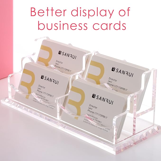 SANRUI Clear Horizontal Business Card Holder Stand for Desk, Acrylic Desktop Display Name Cards Holders Organizer Storage Rack,for Exhibition, Home , Office ,2 Tier 4 Pocket, 240 Card Capacity