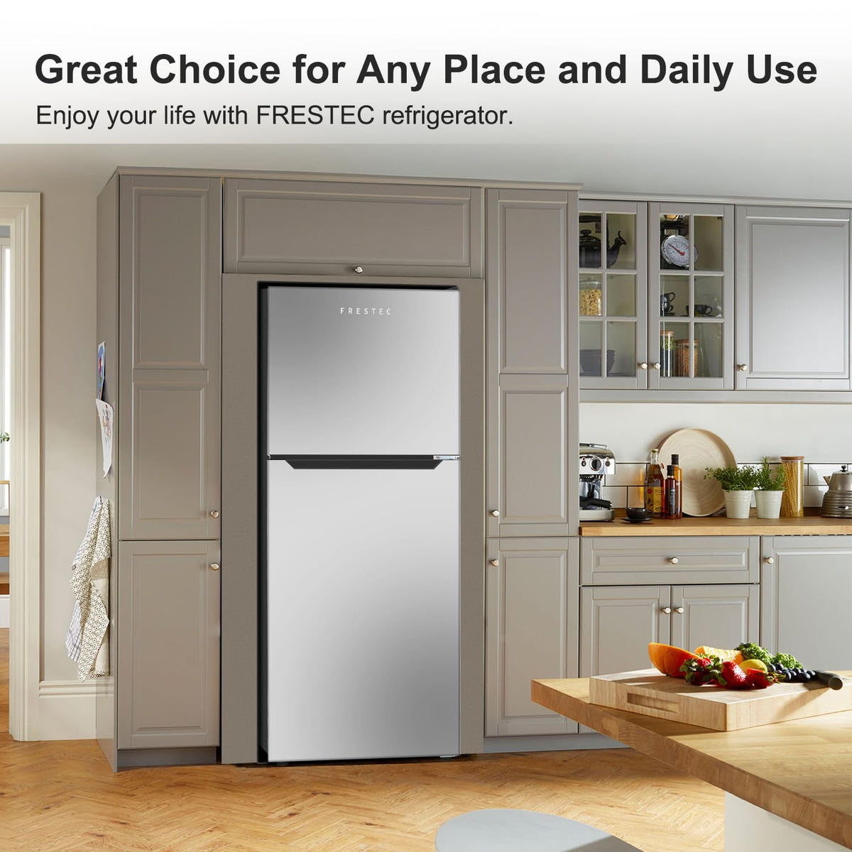 Frestec 12.1 CU' Refrigerator with Freezer, Apartment Size Refrigerator Top Freezer, 2 Door Fridge with Adjustable Thermostat Control, Freestanding, Door Swing, Stainless Steel (FR 1202 SL)