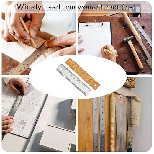 3 Pcs 6 Inch Metal Ruler Stainless Steel Metal Ruler with Cork Backing, Non-Slip Rulers with Inch and Centimeters, Straight Edge Cork Base Rulers for Student School Office Drafting Tools