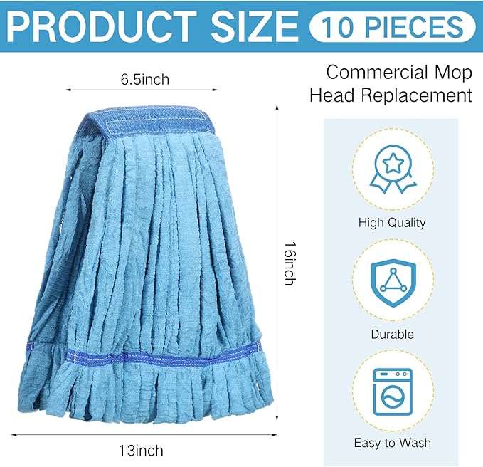 Lallisa 10 Pcs Commercial Mop Head Replacement Tube Microfiber Mop Heads for Floor Cleaning Industrial Mop Heads Looped End Wet Mop Head Refill for Home Commercial Industrial Use (Blue,18 oz)