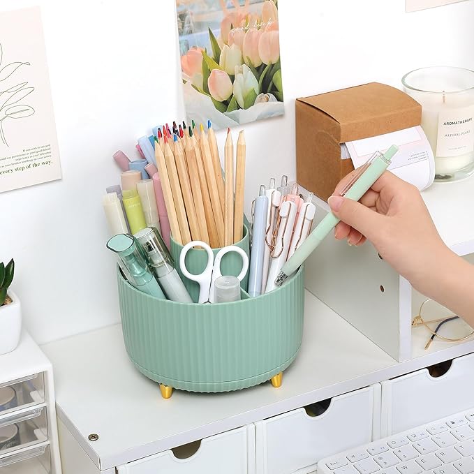 SKYDUE 360 Degree Rotating Desk Organizer, Dual-Purpose Pencil Pen Holder for Desktop, Rotating Desk Pen Organizer with 5 Slots, Pencil Cup for School, Home, Office Supplies (Bean Green)