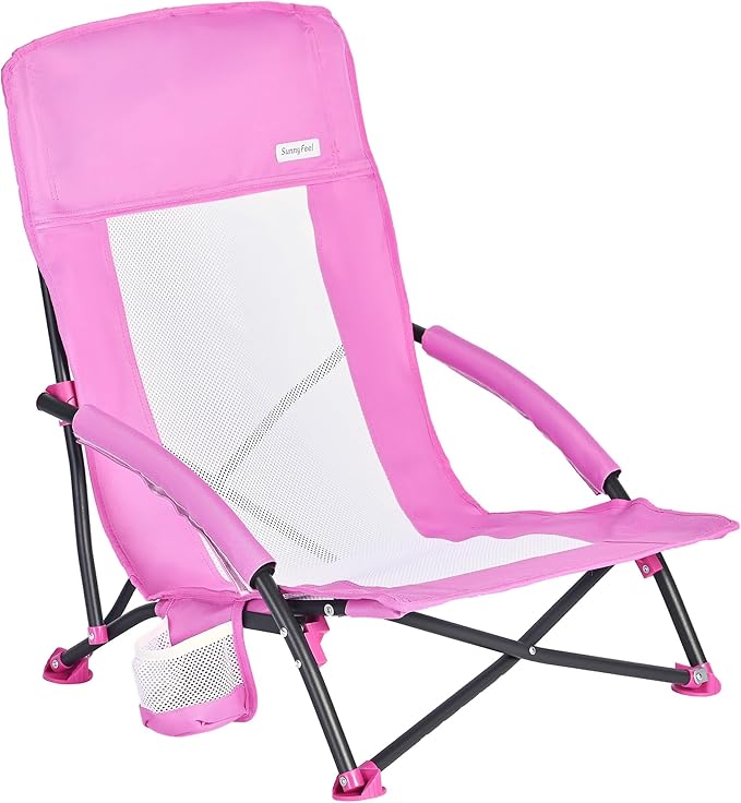 SUNNYFEEL Low Beach Chair for Adults, Lightweight Folding Sand Chair with Cup Holder & Shoulder Strap, Portable Camping Chair with Breathable Mesh Back for Beach, Concerts, Camping, Lawn & Travel