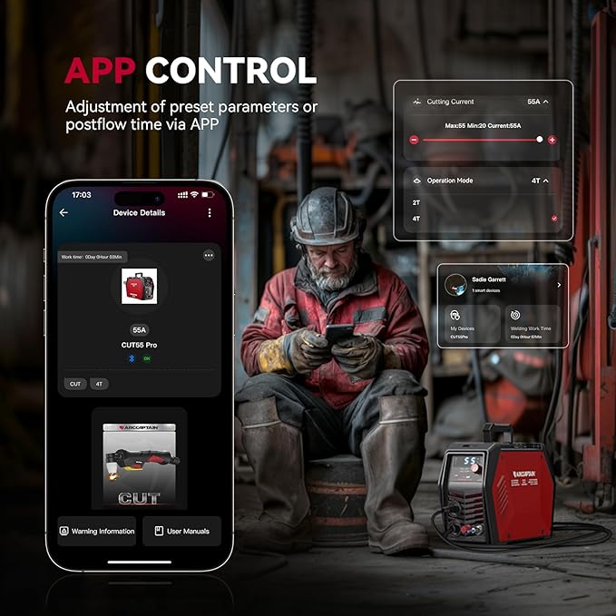 ARCCAPTAIN iControl Cut55 Pro Plasma Cutter, [APP Control] 55 Amp Non-Touch Pilot Arc 120V/240V Plasma Cutter Machine, Large LED Display and 2T/4T, 3/4 inch Maximum Cut, DC Inverter IGBT
