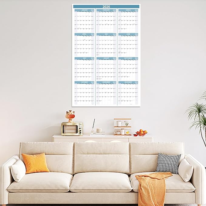 2026 Wall Calendar 34.8" x 22.8" Large Vertical Yearly Wall Hanging Calenda with Julian Date Thick Paper Calendar 12 Month Annual Wall Planner for Wall Office Fridge(Light Blue)