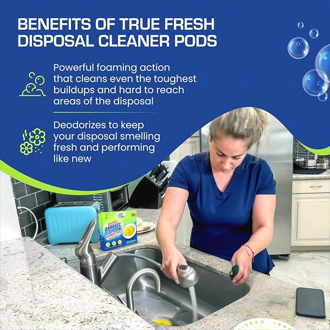 True Fresh Garbage Disposal Cleaner Powder Drop-in Sink Packets 24-Pack – Deep Cleaning & Descaling for Kitchen Sinks, Removes Odor-Causing Residue, Septic Safe, Easy-to-Use Formula