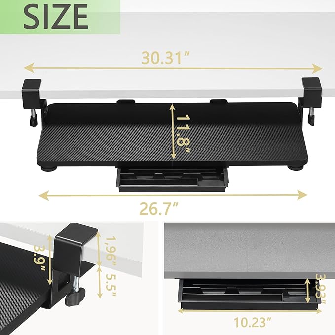 ETHU Keyboard Tray Under Desk, 26.77" X 11.81" Large Size Keyboard Tray with C Clamp-on Mount Easy to Install, Computer Keyboard Stand, Ergonomic Keyboard Tray for Home and Office (Carbon)