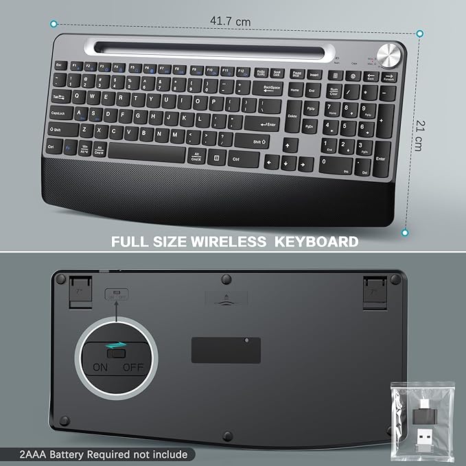 JOYACCESS Ergonomic Wireless Keyboard with Wrist Rest, Low-Profile,Phone Holder,2.4GHz Full Size Silent Cordless USB Computer Keyboard for Windows, Mac OS Desktop/Laptop/PC-Black Grey