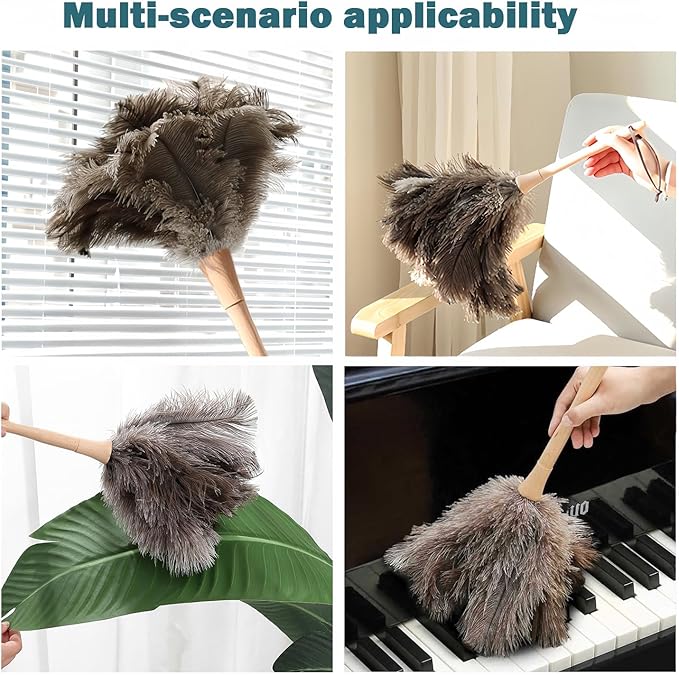 Feather Duster, Feather Dusters for Cleaning Ddzmz Fluffy Natural Genuine Ostrich Feathers with Wooden Handle Reusable Handheld Ostrich Feather Duster Cleaning Supplies, Gray and Brown(Length 16")