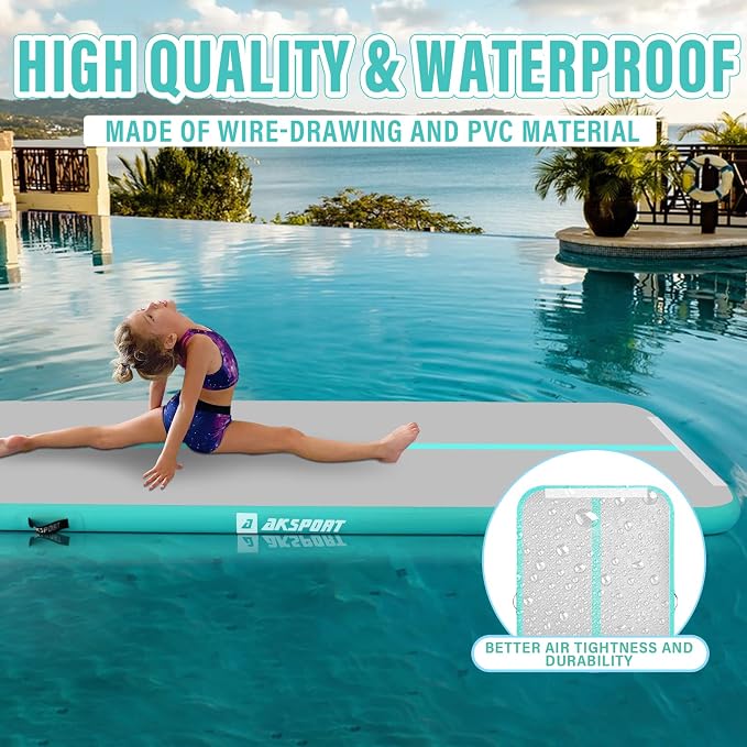 AKSPORT Inflatable Gymnatsics Mat Tumble Track 10ft 13ft 16ft 20ft 23ft Air Tumbling Mat with Air Pump for Home Use/Training/Cheerleading/Yoga