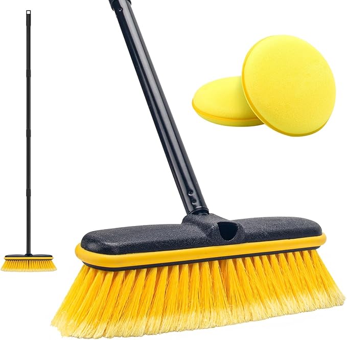 KeFanta Car Wash Brush with Long Handle, 55'' Vehicles Exterior Washing Supplies, Soft Bristle Scrub Broom for Solar Panel, Boat, RV, Truck, Deck Cleaning, 2 Wax Applicator Pads Included