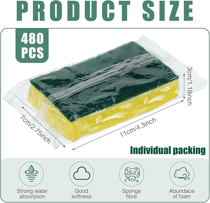 Tanlade 480 Pcs Bulk Kitchen Dishwashing Sponges Individually Wrapped Non Scratch Scouring Sponges for Dishes Household Cleaning Travel Apartments Hotel Car