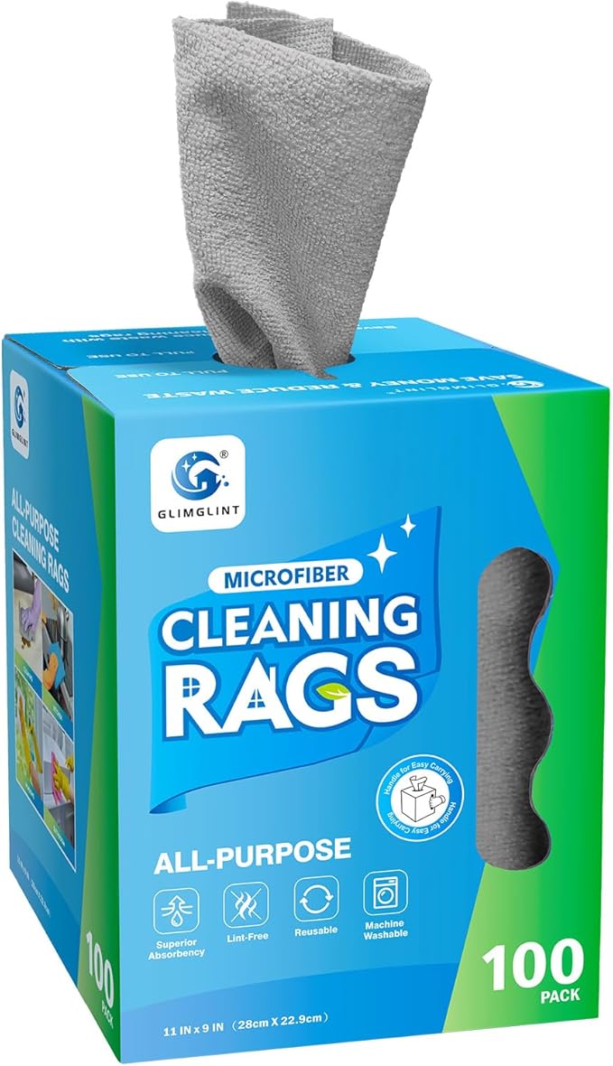 GLIMGLINT Cleaning Rags, 100 Pack Microfiber Cleaning Cloth, Lint-Free, Ultra Absorbent Reusable Paper Towels for Home, Kitchen, Car, Garage or Shop, Dish Rags, 11" x 9", Grey