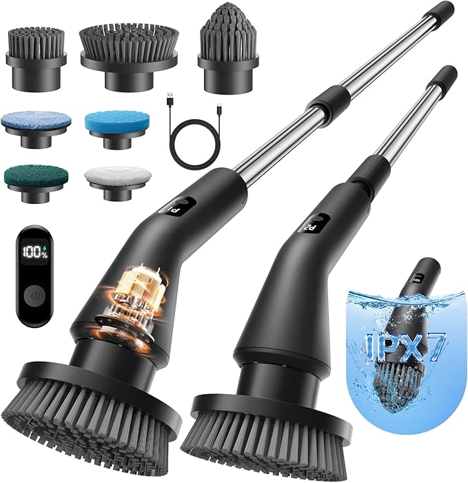 Leebein Electric Spin Scrubber, 2025 Upgraded Cordless Cleaning Brush Scrubber, IPX7 Waterproof Power Scrubber with 7 Brush Heads, Extended Handle and 2 Speeds for Bathroom Shower Bathtub Floor