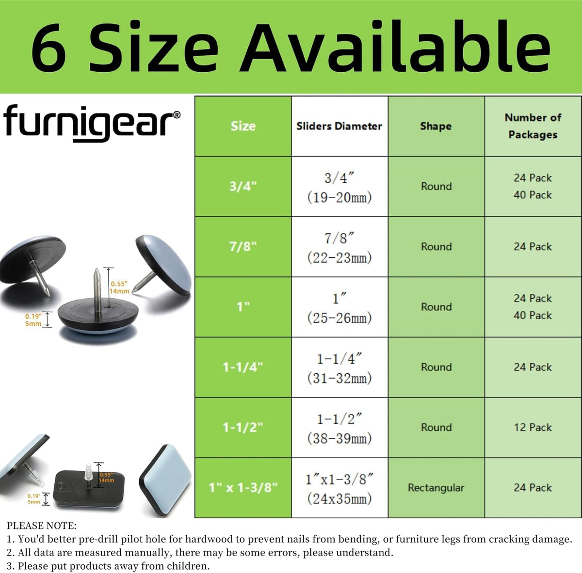 1" Nail on Furniture Sliders (24 Pack) - Furnigear Heavy Duty PTFE (Teflon) Chair Sliders Glides Wooden Furniture Movers Move Your Furniture Easily & Safety - Best Chair Leg Floor Protectors