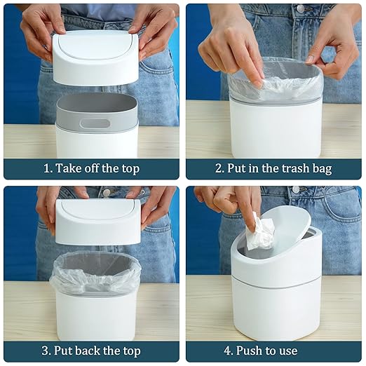 Mini Desk Trash Can with Lid with Trash Bags 180 Pcs Swing-Lid Tiny Countertop Garbage Bin Small Table Top Plastic Covered Waste Basket