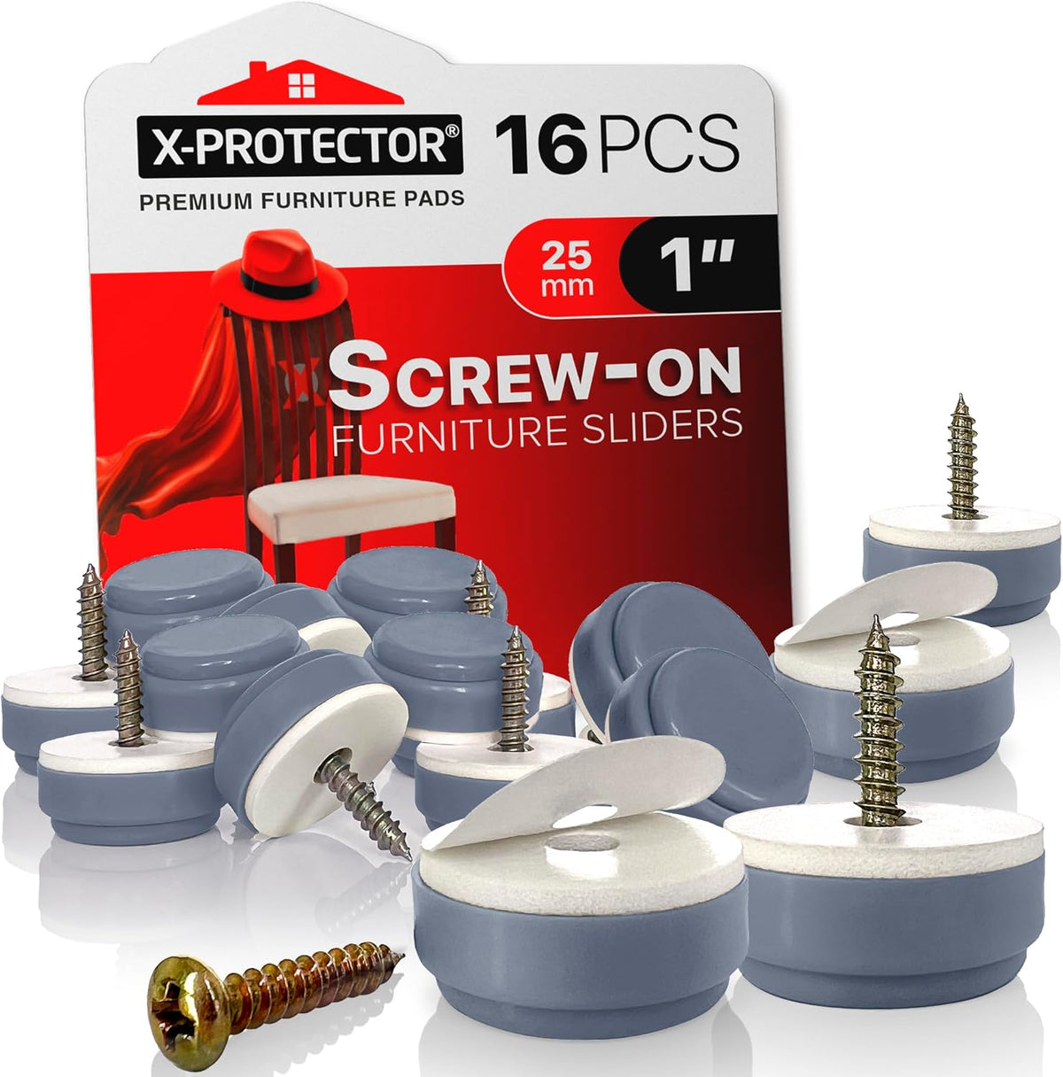 Chair Glides X-PROTECTOR – 16 PCS 1" Furniture Glides – Screw-On Chair Sliders – Premium Chair Leg Floor Protectors – Slide Furniture Effortlessly on All Floor Types with Small Furniture Sliders!
