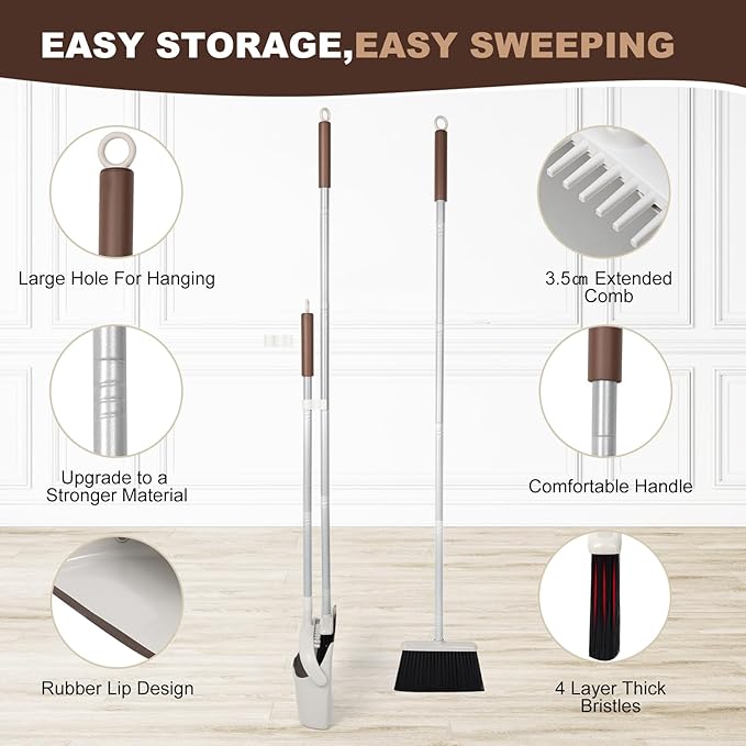 54" Long Handled Broom and Dustpan Set - Perfect Dust Pan and Brush Combo for Efficient Cleaning, Brown and White