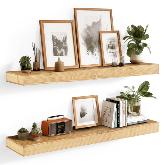 YLYHSST 36x6.8x2 Inch Rustic Floating Shelves for Wall Set of 2 - Oak Solid Wood Wall Mounted Shelves with Invisible Bracket, Extended Design for Farmhouse Living Room Bedroom Kitchen Decor