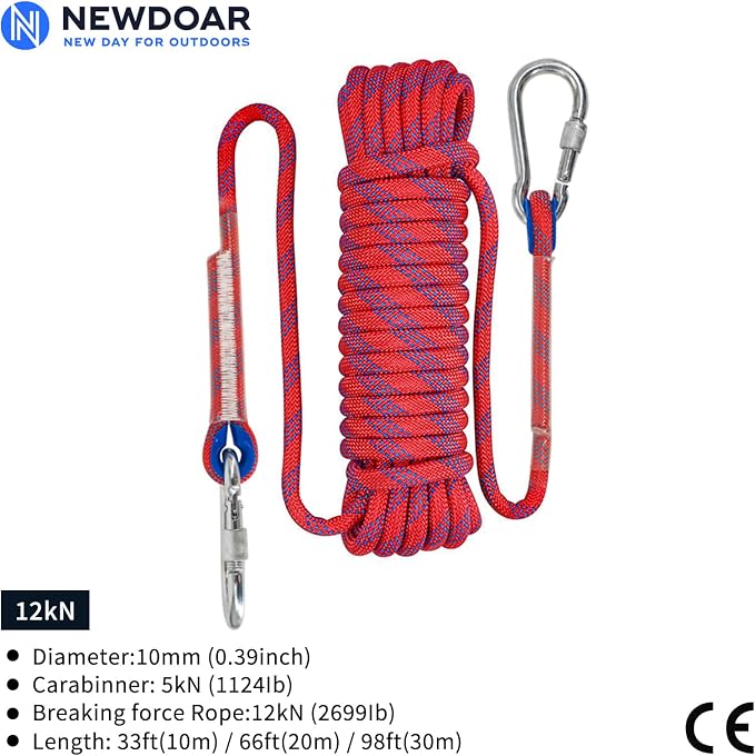 NewDoar Climbing Rope 8(5/16in),10mm (3/8in), High Strength Accessory Cord Rope with 2 Steel Hooks, for Outdoor Rescue Rappelling Rope Down Cliffs ledges Safety Escape Tow Strap Equipment(red)