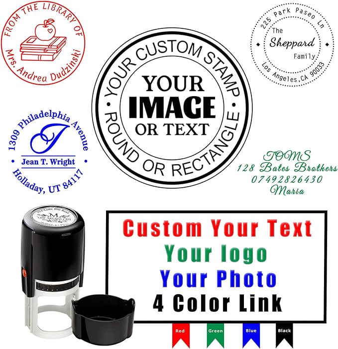 Custom Round Stamp Personalized Self-Inking Rubber Stamps Customized Business Label Stamp Return Address Rubber Office Name Text Logo 4 Ink Color