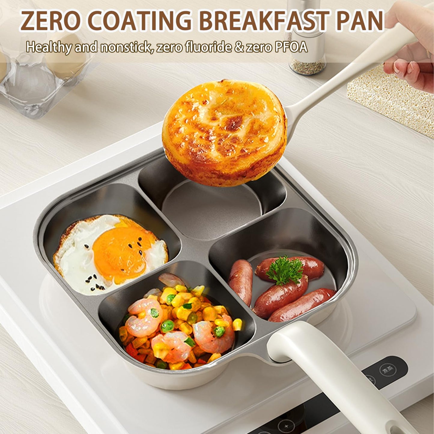 JUSTUP 4-Cup Egg Pan Nonstick，Healthy Titanium Ceramic Breakfast Frying Pan，Compatible with All Stoves and Equipped with Heat-Resistant and Height Increasing Handles, Easy to Clean, PFOA Free (Black)
