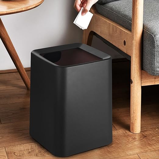 2 Pack Square Modern Trash Can Bedroom, 3Gal/12L Bathroom Trash Can Hidden Bag, Open Top Trash Bin Square Plastic, Minimalist Black Garbage Can with Inner Bucket (with 2 Handles) for Kitchen Office