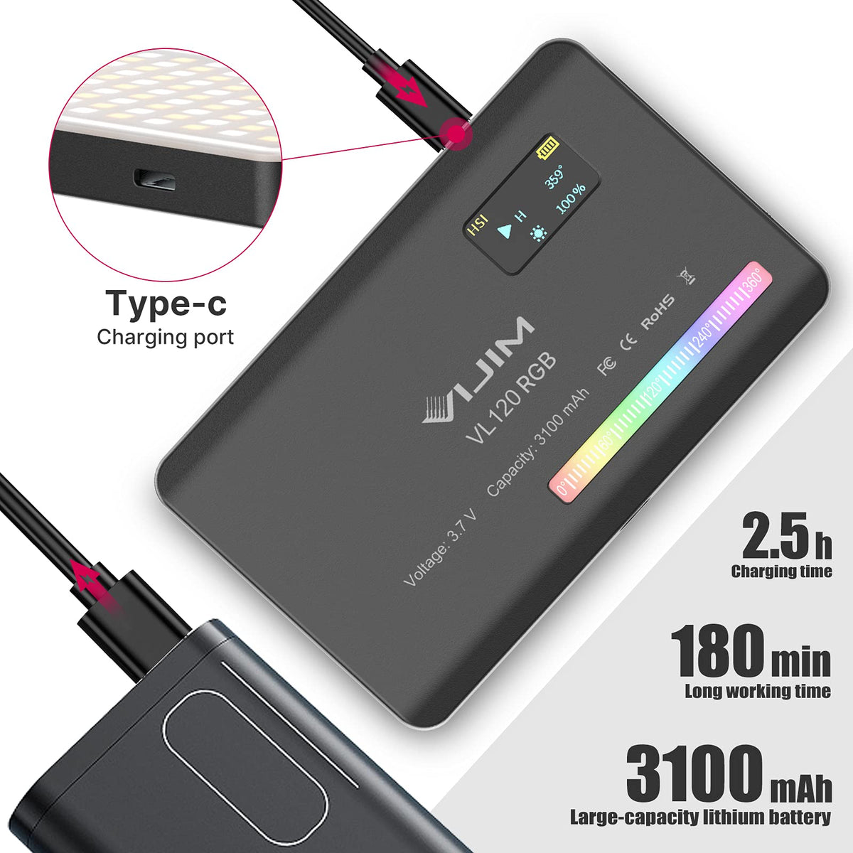 VIJIM VL120 RGB Video Light, Portable LED Camera Light Panel 0-360 Full Color, CRI 95+ 2500-9000K LED 3100mAh Rechargeable DSLR Lighting for Vlogging, Photography, Video Conference