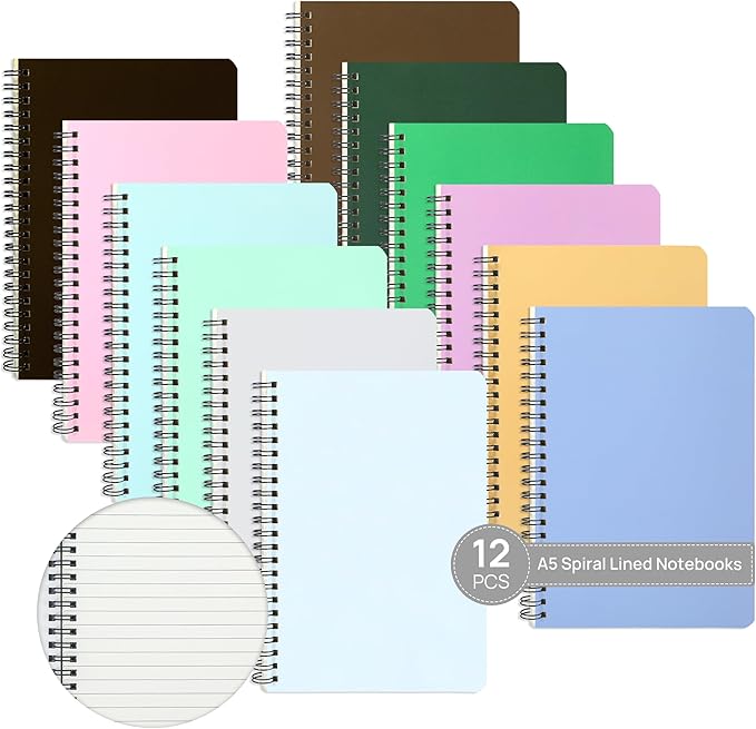 miikoul 12 Pack A5 Spiral Lined Notebooks, 8.3" X 5.5", 60 Sheets/120 Pages Wide Ruled Notebook Spiral Journals Bulk Paper Cover Notepad 12 Colors for Students Taking Class Notes Home Office Gift