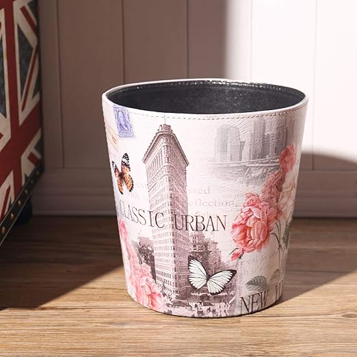 PU Leather Small Trash Can Wastebasket, Round Garbage Container Basket for Bathrooms, Laundry Room, Kitchens, Offices, Kids Rooms, Bedrooms,Dorms,Home Decorative Art Bin, 2.9 Gallon(Classic Urban)
