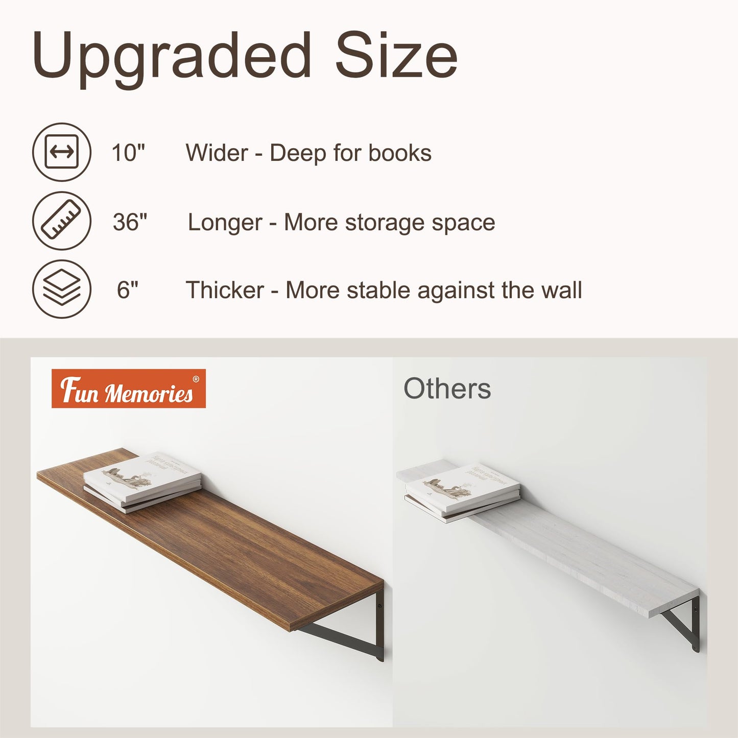 36"W x 10"D Floating Shelves, 10 Inch Deep Walnut Floating Shelves, Farmhouse Rustic Deep Wall Shelves for Home Decor, Wide Large Floating Shelf for Bathroom, Living Room, Kitchen, Study Room