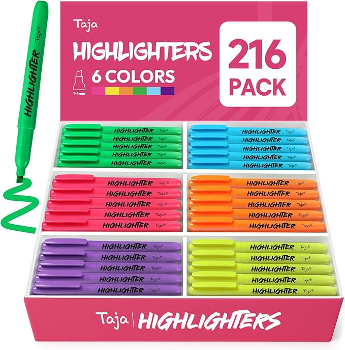 Taja 216 Pack Highlighters Bulk Assorted Bright Colors, 6 Colors Chisel Tip Highlighters Markers Set with No Bleed Ink, Perfect for School & Office Supplies