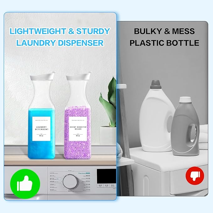 Laundry Detergent Dispenser Bottle 54oz with Waterproof Label for Laundry Detergent Soap Fabric Softener Bleach Scent Booster Beads, Sturdy PET Plastic Bottle for Laundry Room Decor 2 Pack White