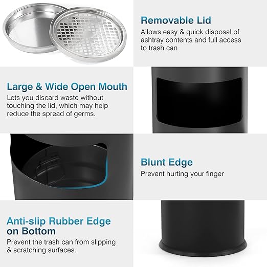 IRONWALLS Indoor Outdoor Trash Can with Lid, Black Stainless Steel Garbage Can, Removable Inner Bucket, Round Commercial Waste Bin Container Trash Receptacle for Office, Hotel