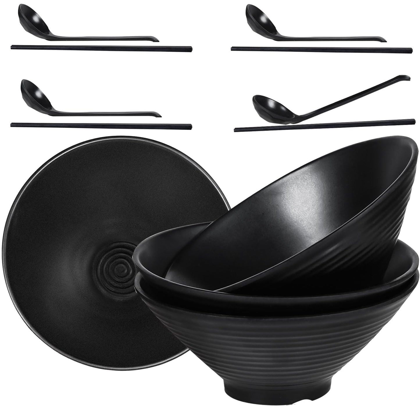 Greentainer 54oz Ramen Bowl Set of 4, Melamine Large Japanese Style Noodle Soup Bowls Set with Spoons and Chopsticks for Udon, Pho, Noodles, Pasta, 10" Asian Dishes Black Large Bowl | Dishwasher Safe