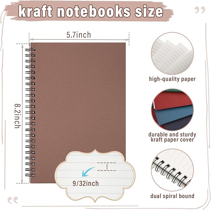 Fuutreo 12 Pcs Spiral Notebook for Work A5 8.3 x 5.7 Inch College Ruled Spiral Journal Notebook Kraft Cover Ruled Paper, 12 Color, 60 Sheets, 120 Pages for Office School(Business Color)