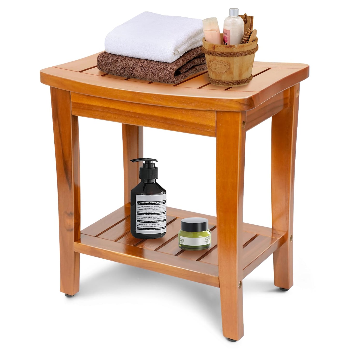 16" Compact Teak Shower Bench with Shelf, Premium Teak Shower Stool, Durable Waterproof Seat for Inside Shower, Solid Teak Wood Bench for Bathroom, Indoor & Outdoor Use