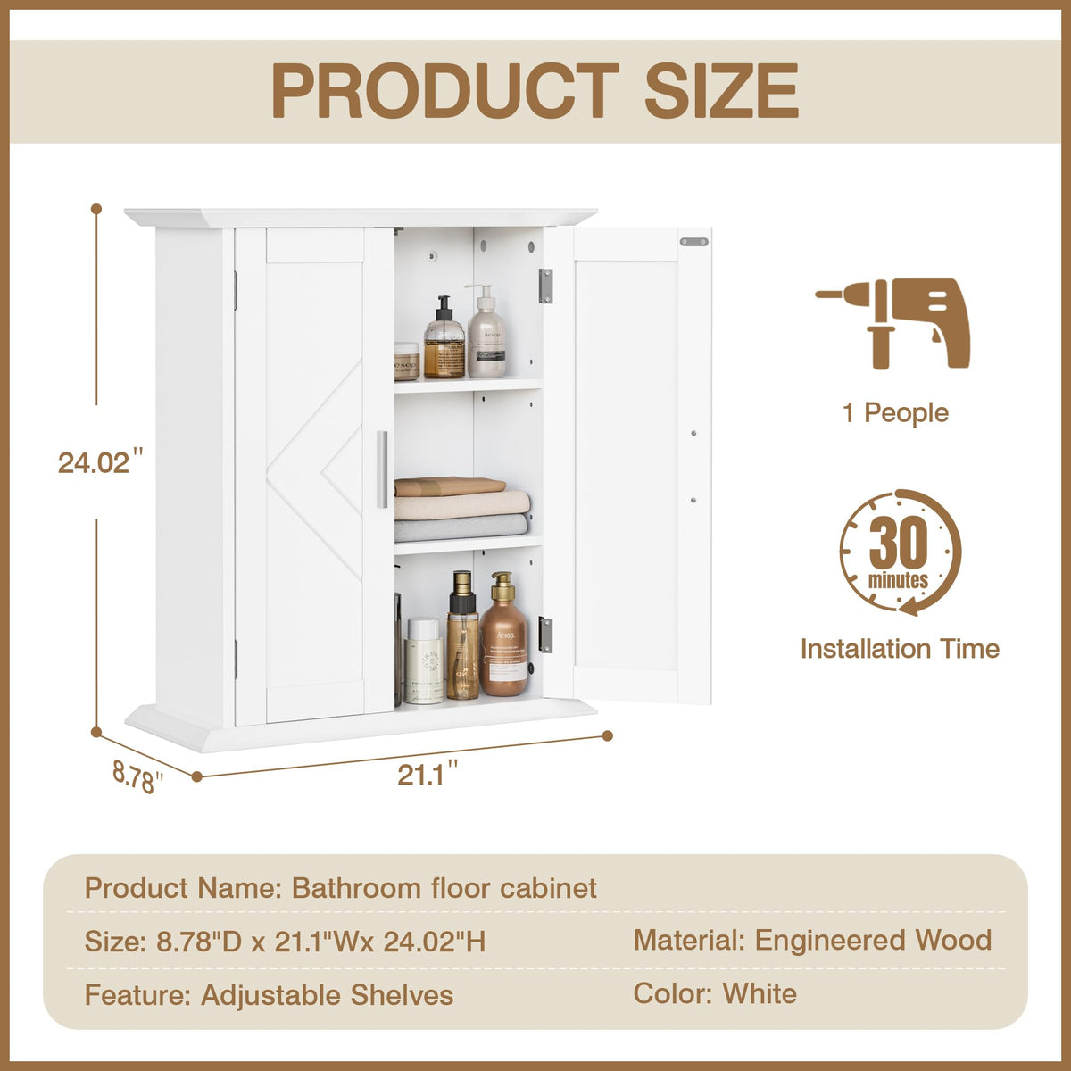 VECELO Freestanding Bathroom Storage Cabinet, Small Floor Cabinet with Doors and Adjustable Shelves, for Kitchen, Living Room, Laundry Room, Entryway, 21.1 x 8.78 x 24.02 Inches, White