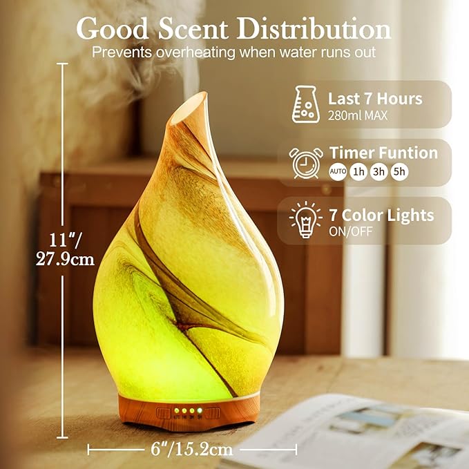 Porseme 280ml Essential Oil Diffuser Glass Color Changing Aroma Air Diffusers Aromatherapy Ultrasonic Cool Mist Humidifier 7 Running Hours Waterless Auto-Off for Sleeping, Yoga, Office, Spa (Desert)