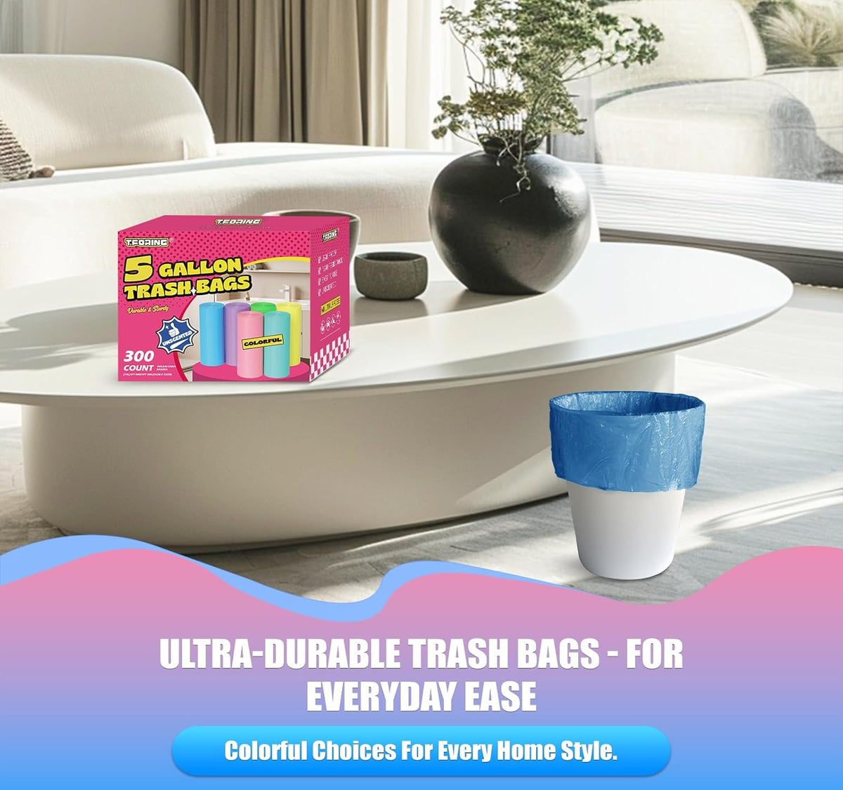 300 Count 5 Gallon Trash Bags - 18 Liter Colored Small Garbage Bags Unscented Wastebasket Liners 0.94 Mil Thick & Leakproof for Home Office Bedroom Bathroom