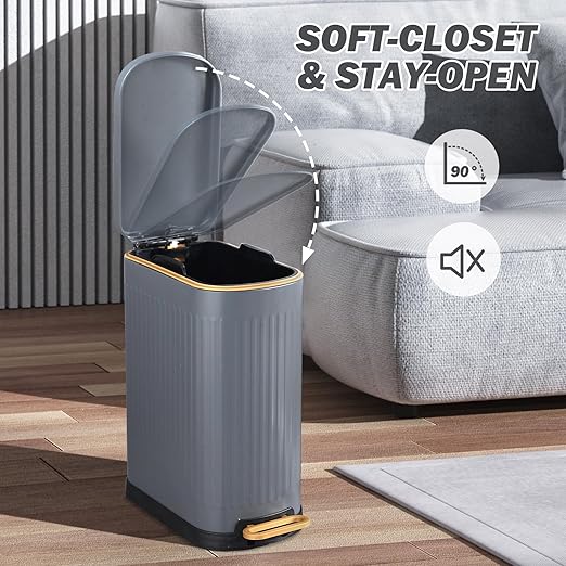 Slim Bathroom Trash Can with Soft Close Lid Stainless Steel Garbage Can Step Trash Bin with Removable Inner Bucket for Bedroom, Office, Kitchen (Matt Grey, 3.5 Gallons)