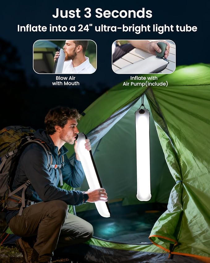 2 Pack 24" Inflatable Solar Camping Lantern,Magnetic LED Tube Light,IP66 Waterproof TPU Tent Light for Hurricane Emergency,Backpacking & Off-Grid Survival(Black)