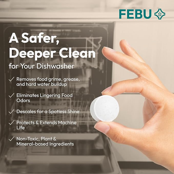 FEBU Dishwasher Cleaner Tablets Made in USA | Natural Dishwasher Cleaner and Deodorizer | Eliminates Grease & Grime | 8 Natural, Biodegradable, Plant-Based Ingredients | 24 Tablets - 12 Month Supply