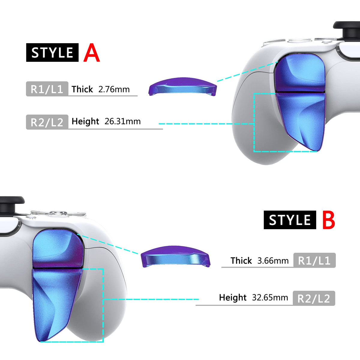 PlayVital Blade 2 Pairs Shoulder Buttons Extension Triggers for ps5 Controller, Game Improvement Adjusters for PS Portal Remote Player, Bumper Trigger Extenders for ps5 Edge - Chameleon Purple Blue