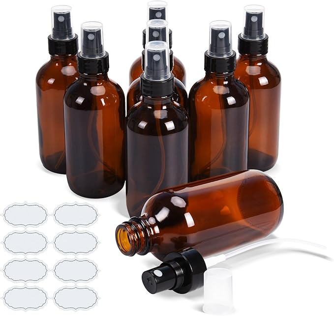 ULG Fine Mist Sprayers 4 oz Amber Boston Bound Glass Bottles 8 Pieces Empty Spray Atomizer Aromatherapy Cosmetic Sprays Including Waterproof DIY Labels