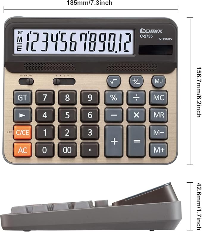 Comix Desktop Calculator, Large Computer Keys, 12 Digits Display, Champaign Gold Color Panel, C-2735, 2-Pack